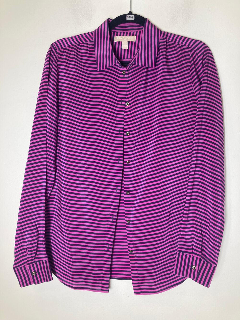 Banana Republic Fushia and Black Strip Silk Button Up Long Sleeve Shirt Sz S